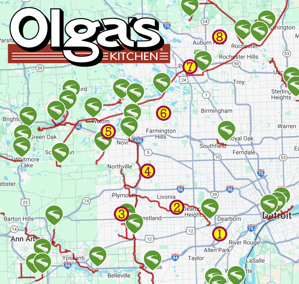 Map of the 7-stop Olga's Kitchen running route in Michigan.